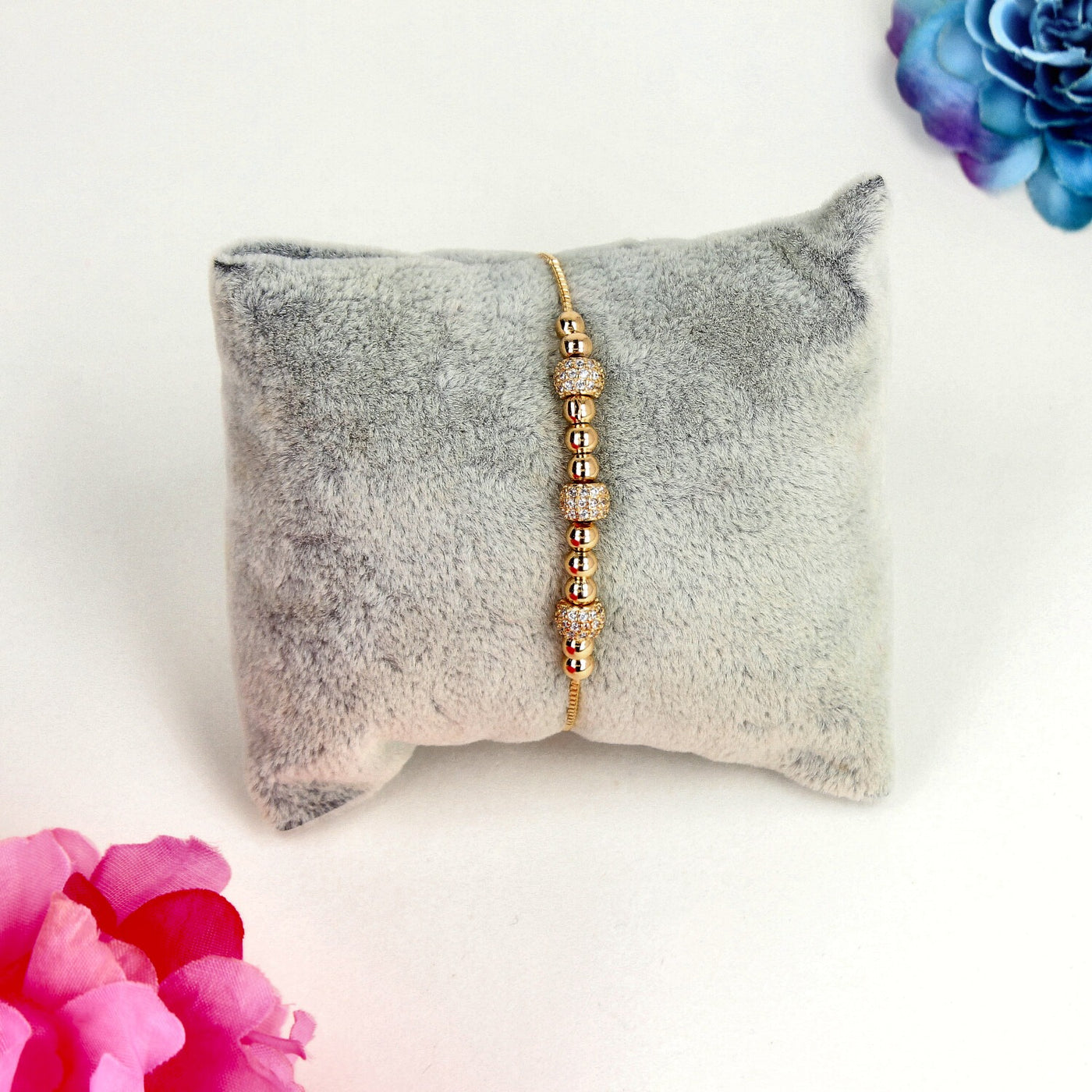 Gold Beaded Bracelet with Pave Crystal Ball Accents and Polished Metallic Spheres - SIA449665