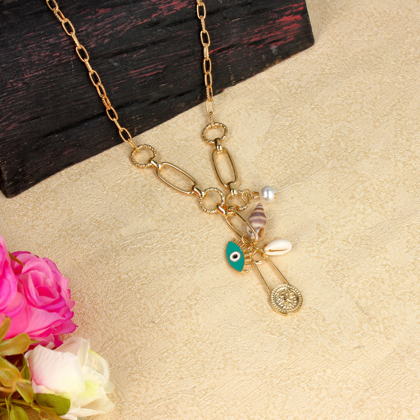 Coastal Charm Gold Necklace with Evil Eye, Shells, and Coin Pendants - SIA449918