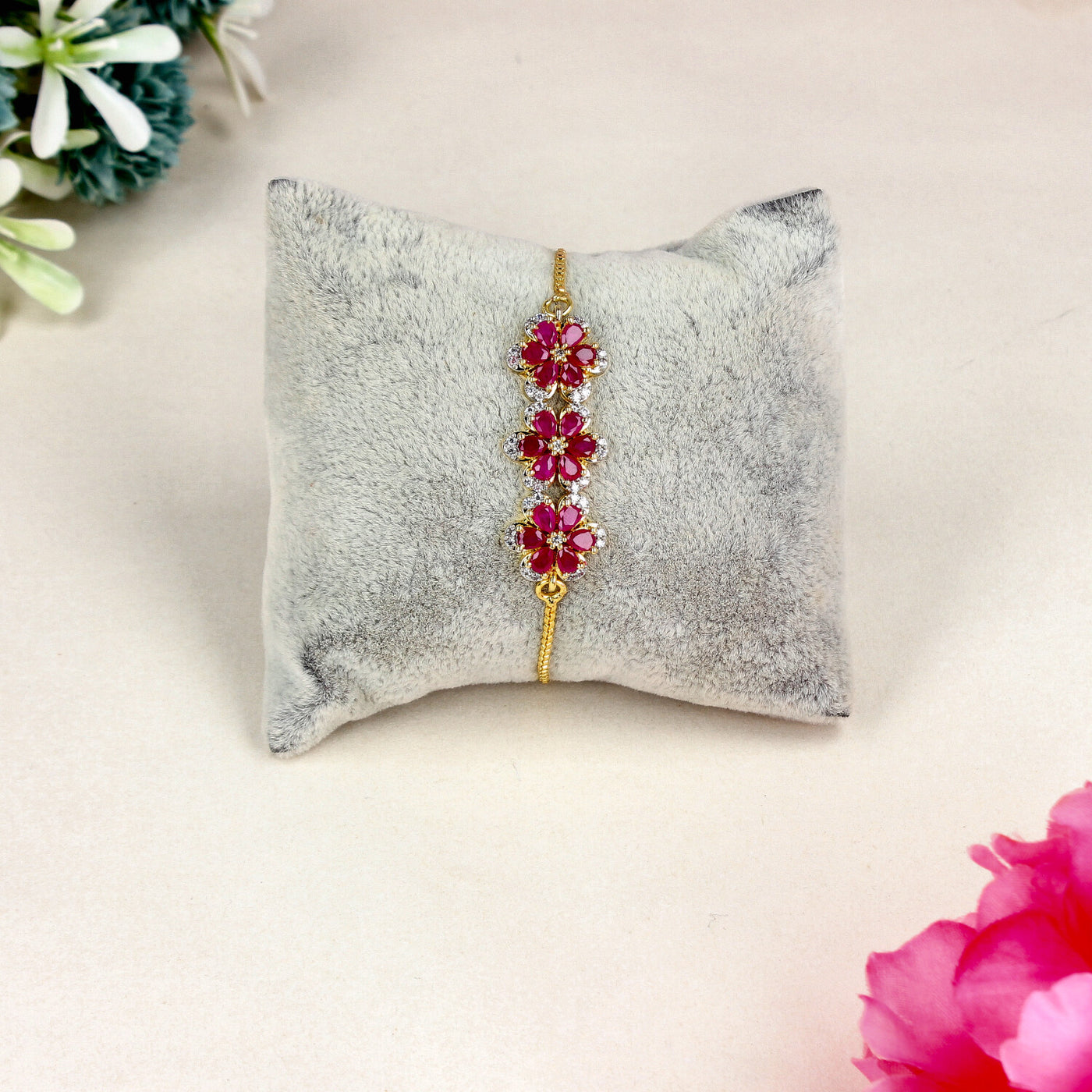 Gold Floral Bracelet with Marquise-Cut Red Stones and CZ Accents - SIA451397