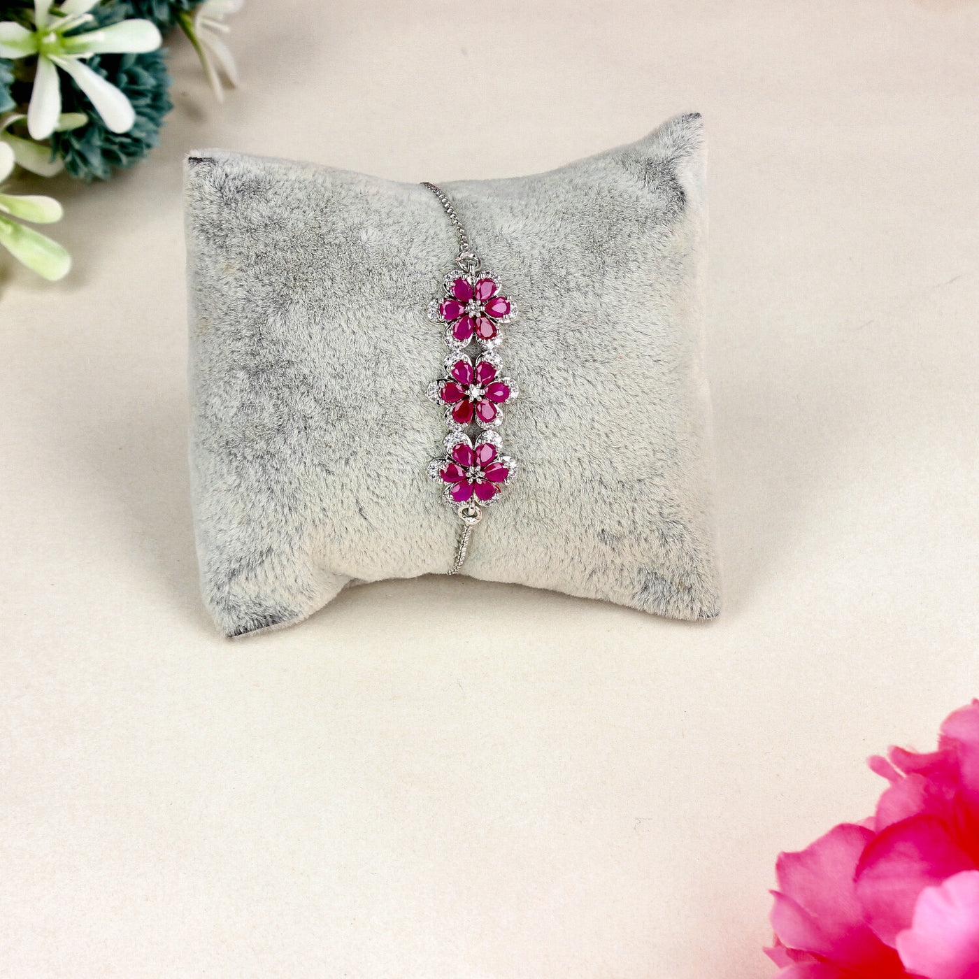 Silver Floral Bracelet with Marquise-Cut Pink Stones and CZ Accents - SIA451398