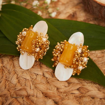 Mustard And Off White Handmade Earrings - BE-396-01-YELLOW