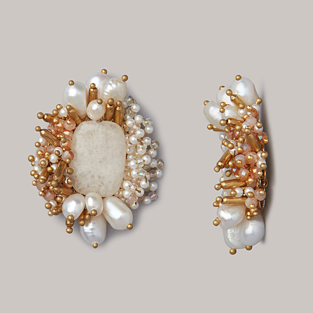 Contemporary Earrings Off White Stone With Pearls - BE-401-01-WHITE
