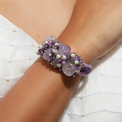 Handmade Statement Bracelet With Purple Stones And Pearls - BR-233-01 PURPLE