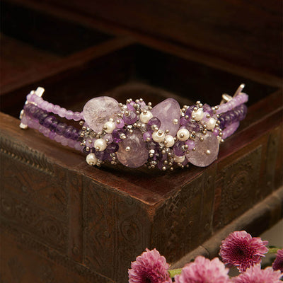 Handmade Statement Bracelet With Purple Stones And Pearls - BR-233-01 PURPLE