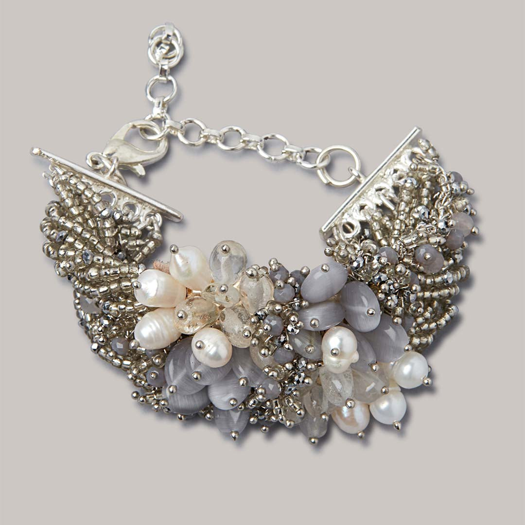 Designer Beaded Bracelet With Pearls Ad Stone In Grey And Off-White - CKBR-176-01-GREY