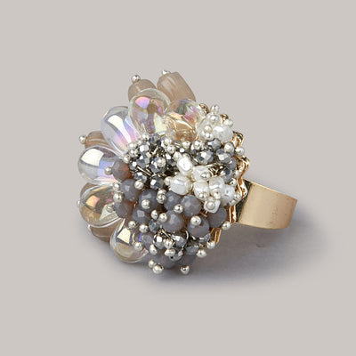 Silver Plated Metallic Finger Ring With Stones And Pearls - FR-246-01 GREY