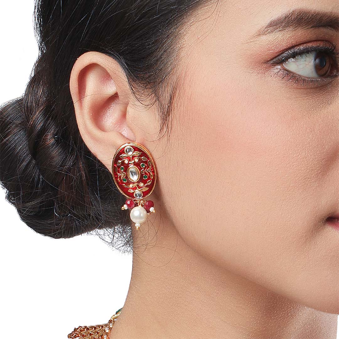 Red Embellished Meanakari Earrings - HRER103