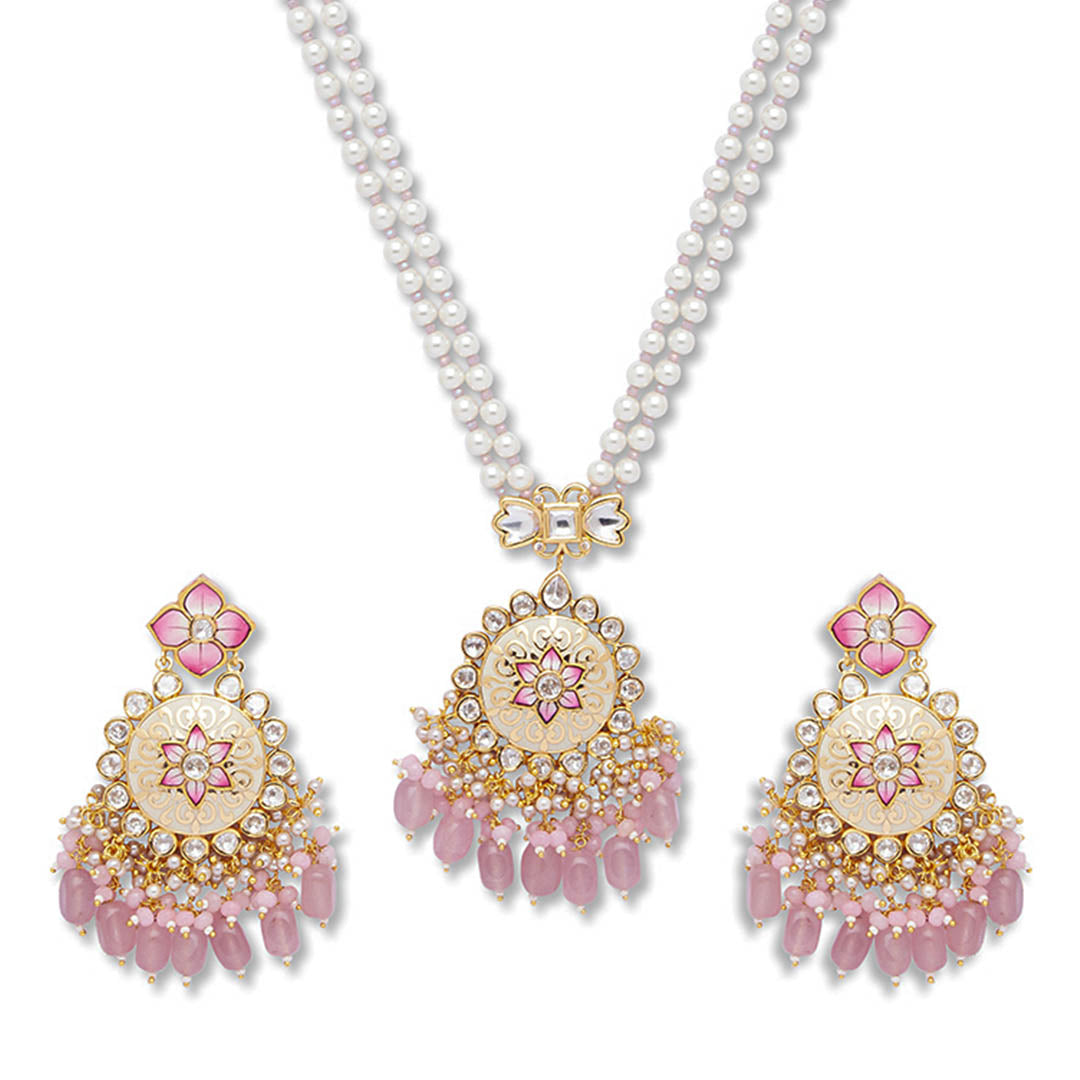 Pastel Pink Meenakari Necklace Set - HRNS103