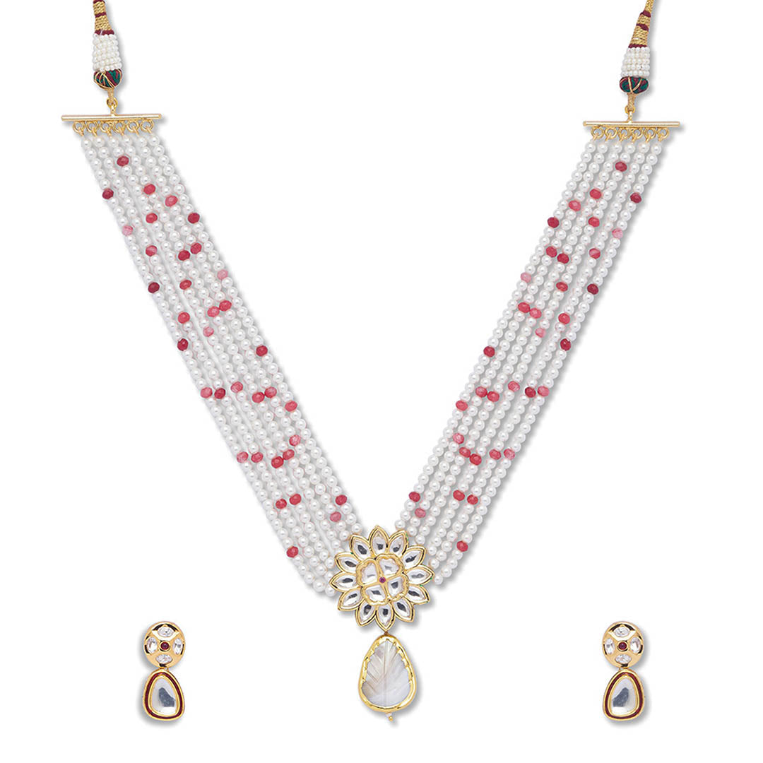 Pearl Beaded Ruby Necklace Set - HRNS108