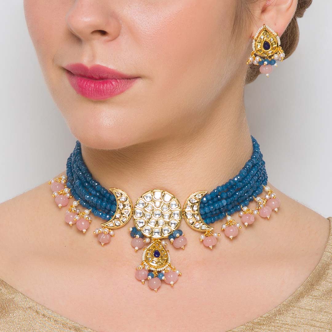 Blue And Pink Chand Necklace Set - HRNS117