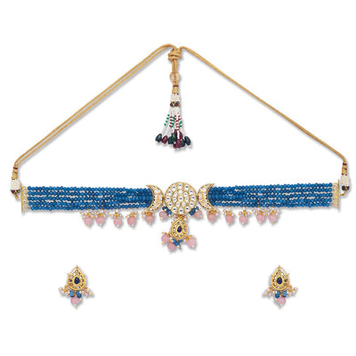 Blue And Pink Chand Necklace Set - HRNS117