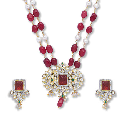 Ruby Beads Long Necklace Set - HRNS118