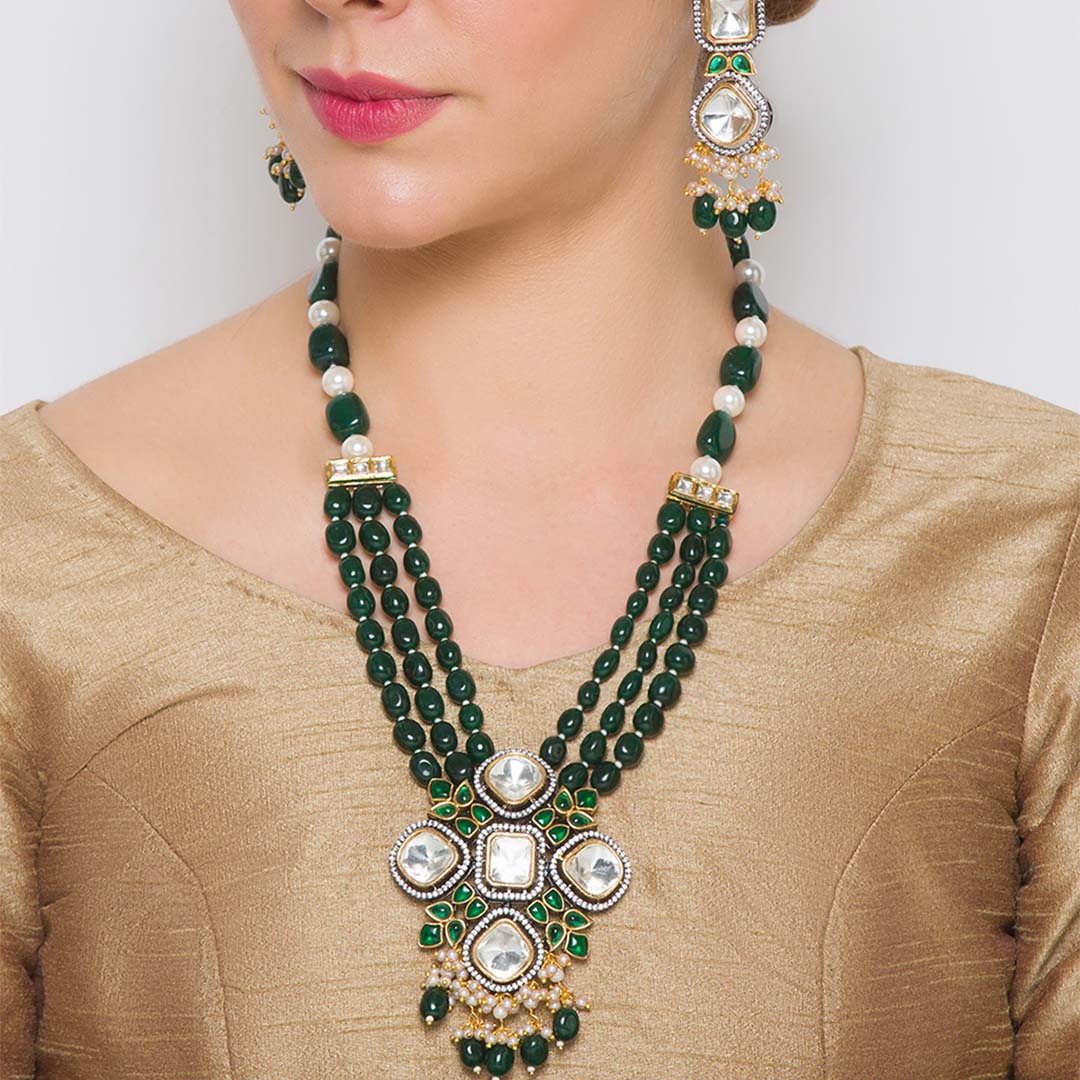 Kundan Polki Emerald Necklace Set - HRNS128