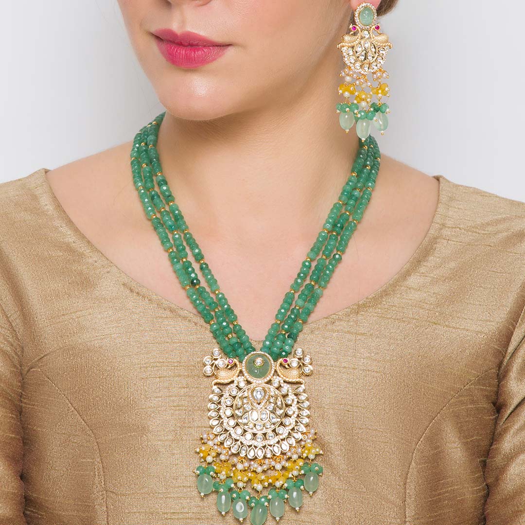 Green Beaded Peacock Necklace Set - HRNS130