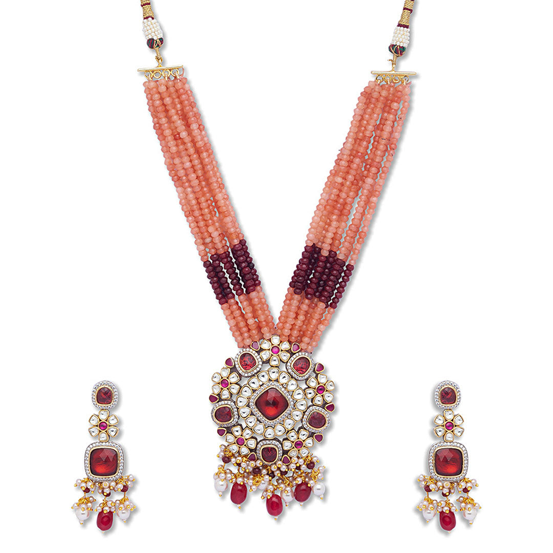 Kundan Polki Peach Beads Necklace Set - HRNS131