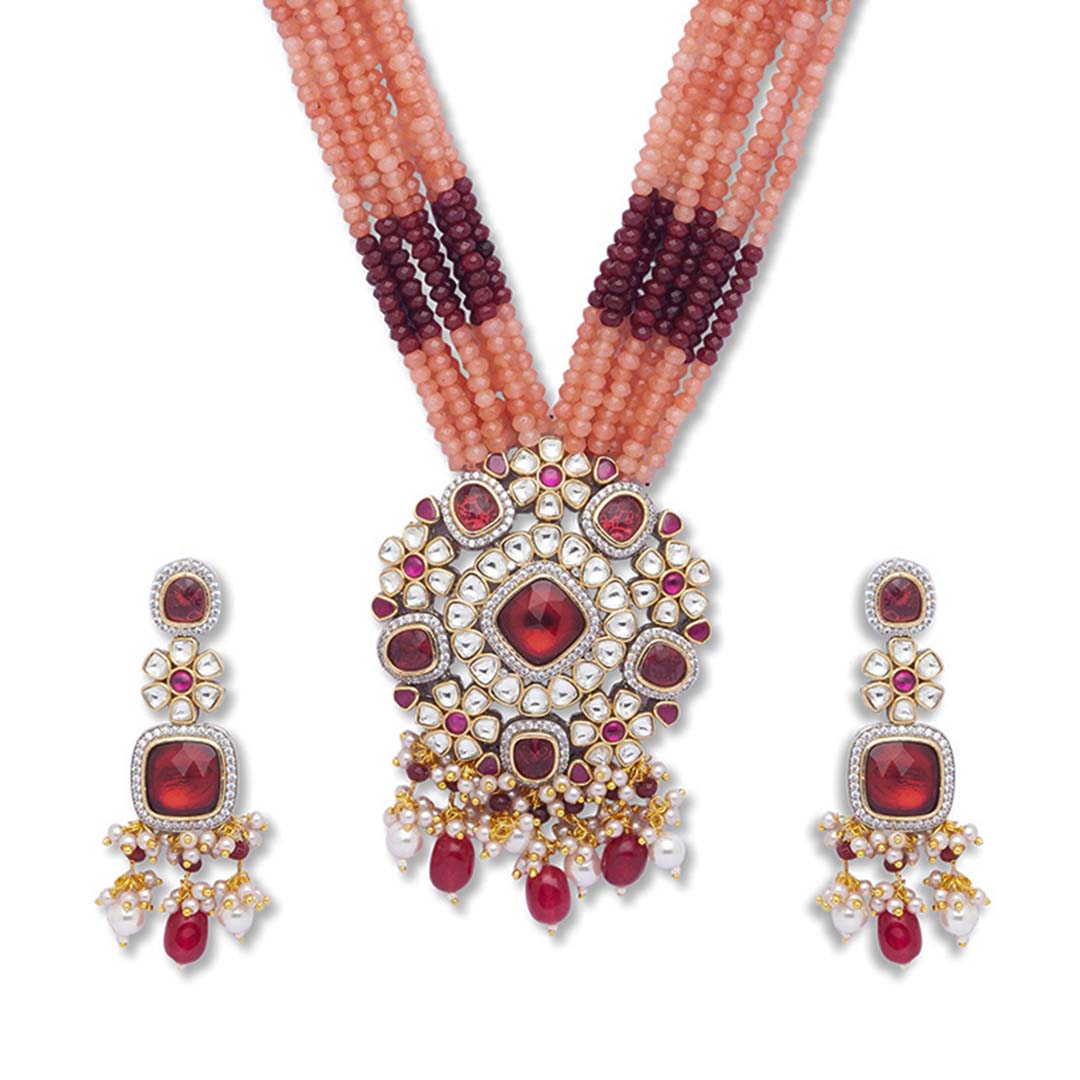 Kundan Polki Peach Beads Necklace Set - HRNS131