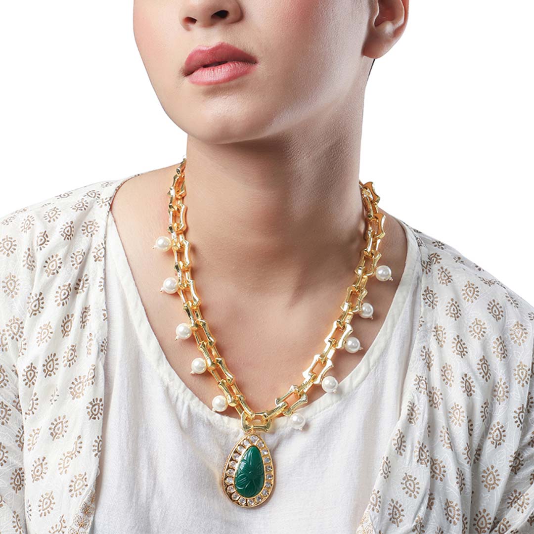 Curved Green Stone Necklace - HRNS138