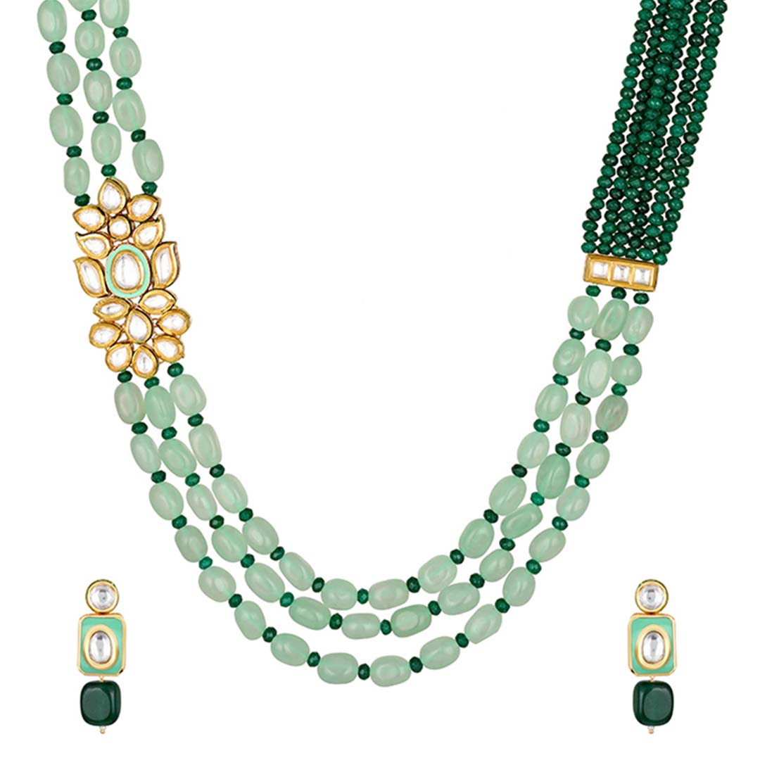 Long Green Beads Necklace Set - HRNS140