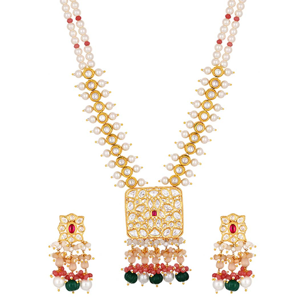 Pearl Studded Long Necklace Set - HRNS145