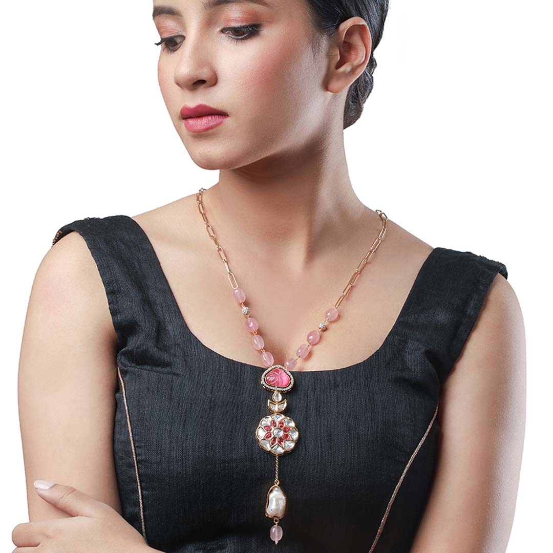 Pinkish Stone Pendant With Chain - HRNS146