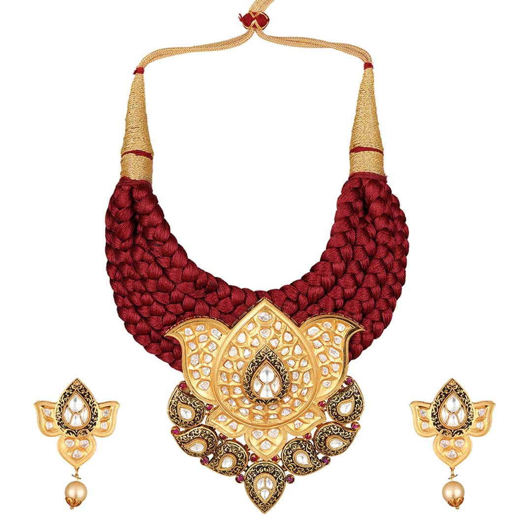 Silk Thread Lotus Necklace Set - HRNS152