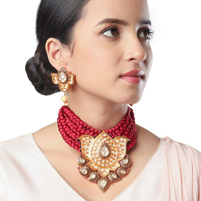 Silk Thread Lotus Necklace Set - HRNS152