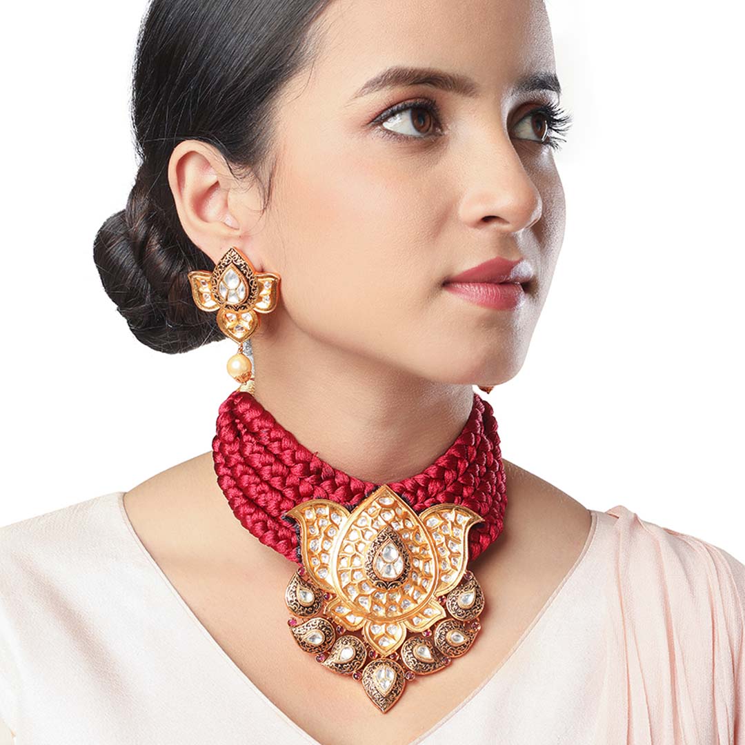 Silk Thread Lotus Necklace Set - HRNS152