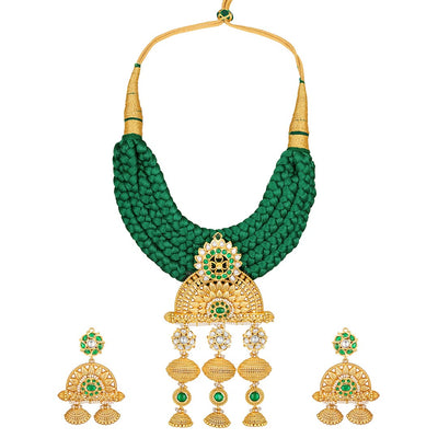 Silk Thread Green Necklace Set - HRNS161