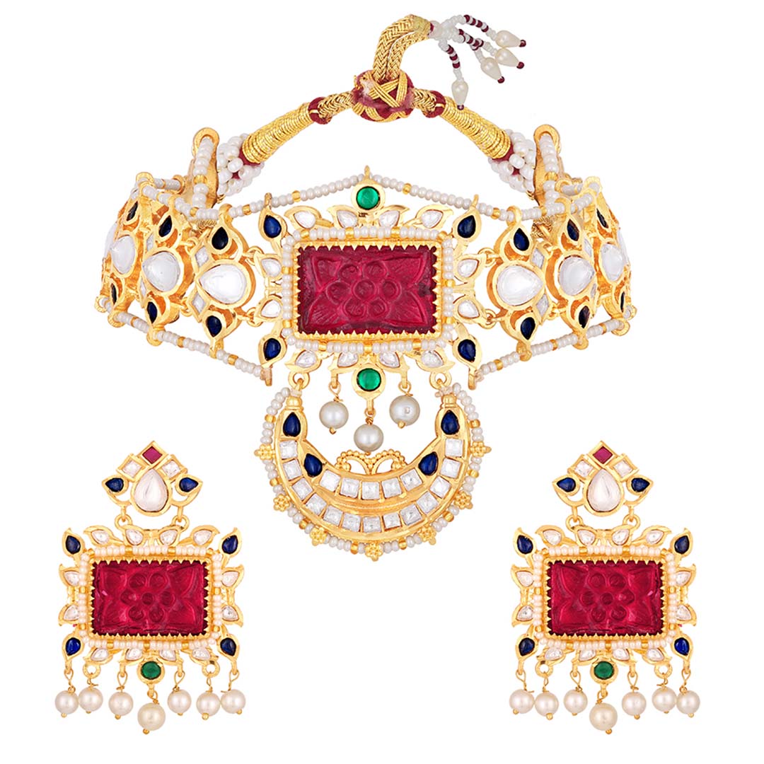 Kundan Jadau Choker Necklace Set - HRNS165