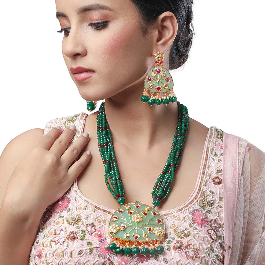 Green Enamelled Necklace Set - HRNS167