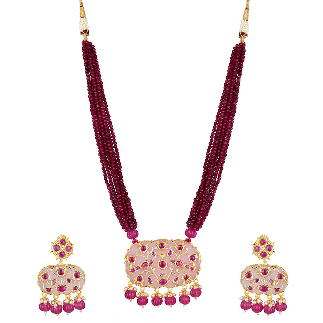 Parrot Motif Pink Enamelled Necklace Set - HRNS168