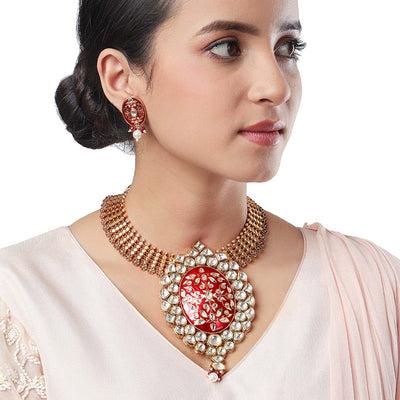 Red Enamelled Necklace Set - HRNS169