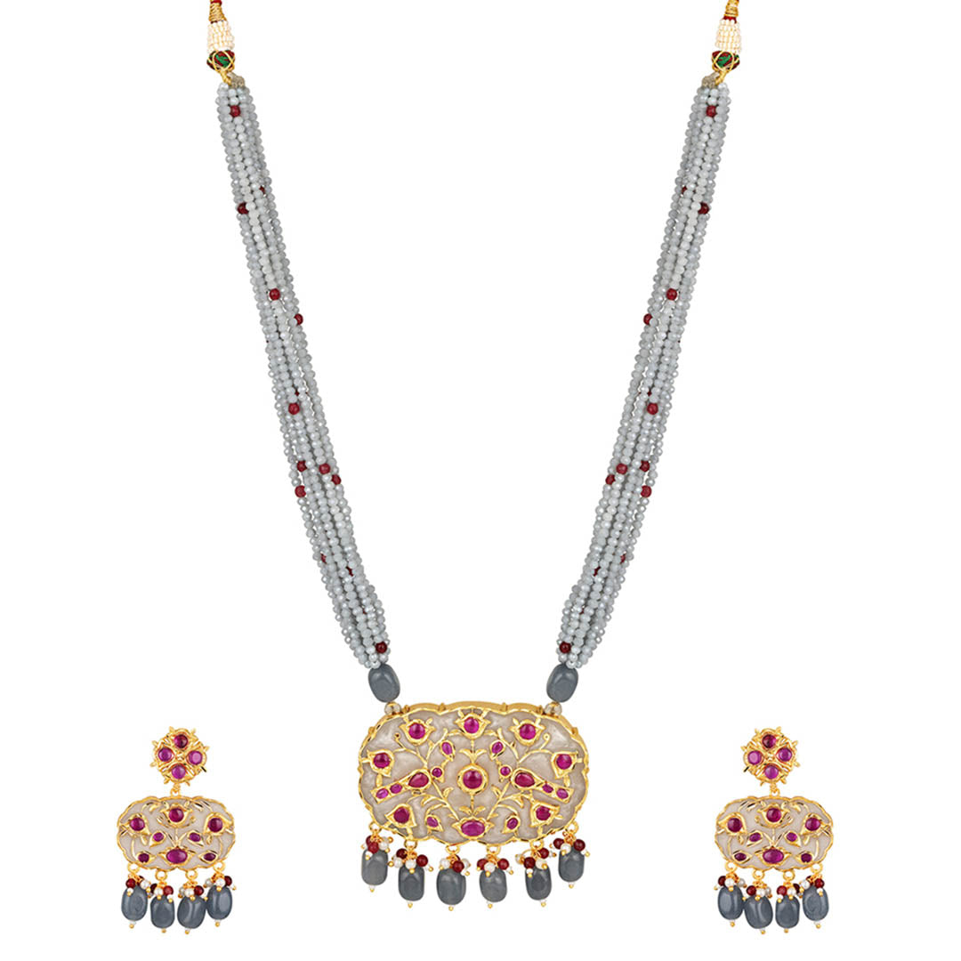 Parrot Motif Grey Enamelled Necklace Set - HRNS171