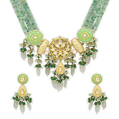 Green Beaded Meenakari Necklace Set - HRNS63