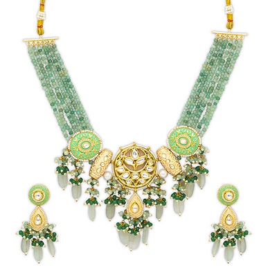 Green Beaded Meenakari Necklace Set - HRNS63