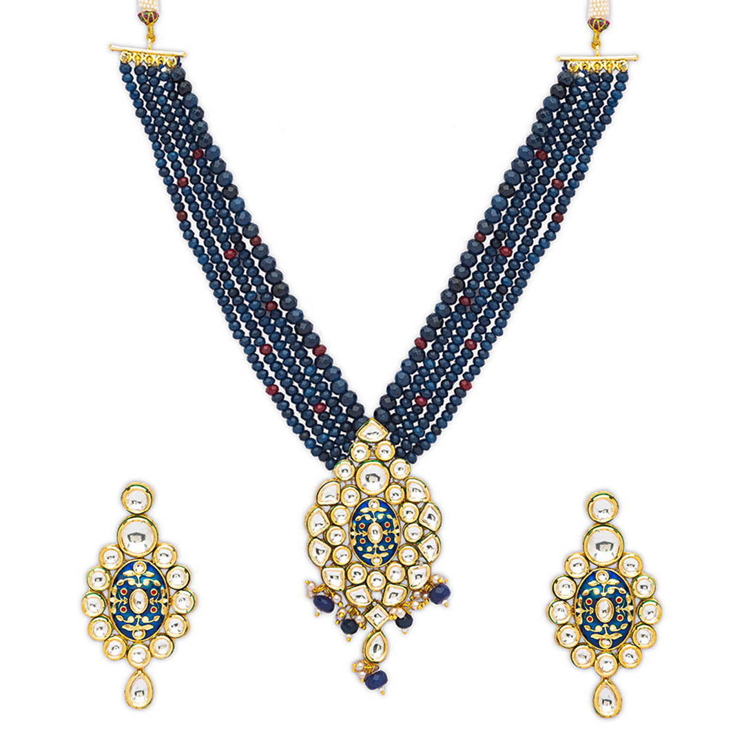 Blue Beaded Long Necklace Set - HRNS87