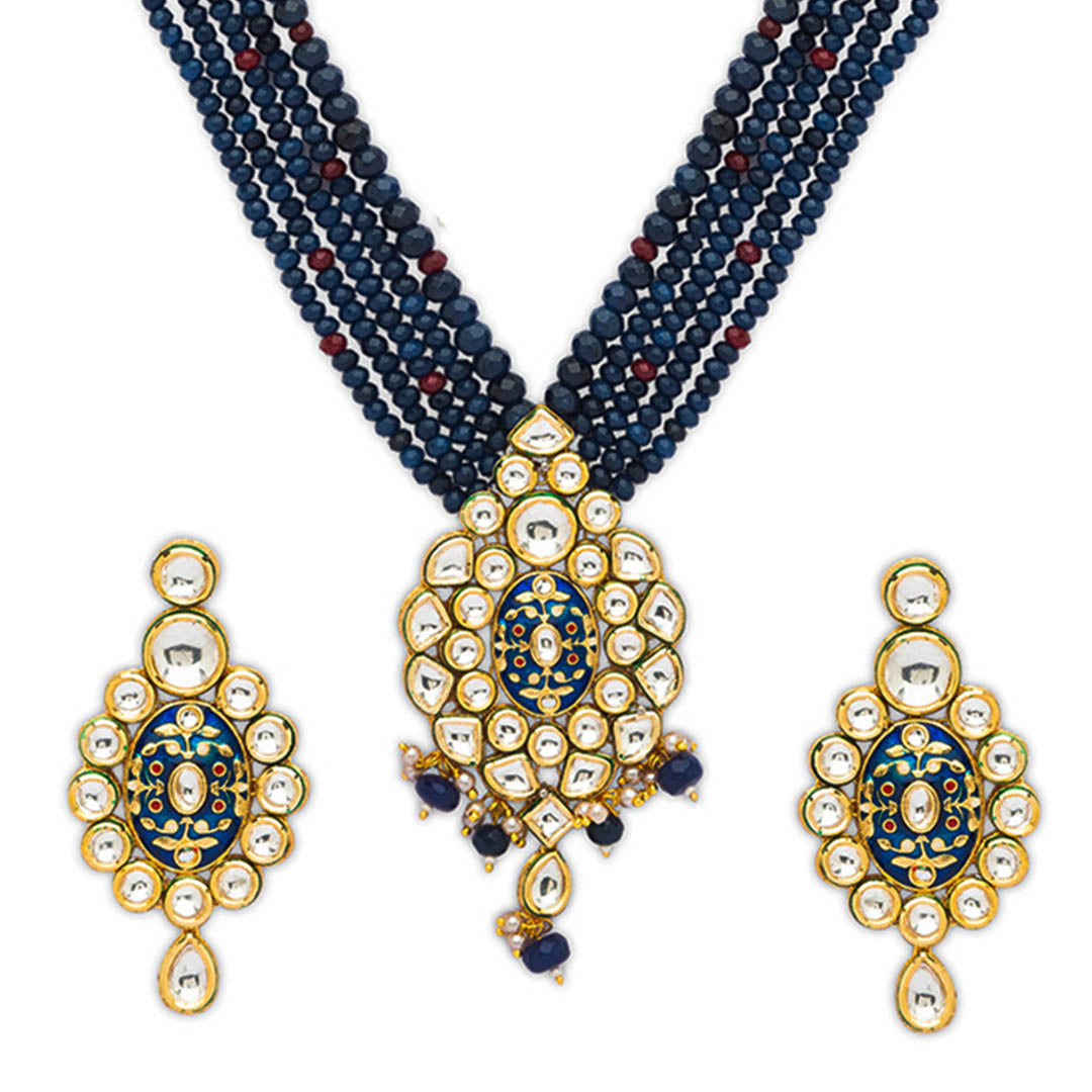 Blue Beaded Long Necklace Set - HRNS87