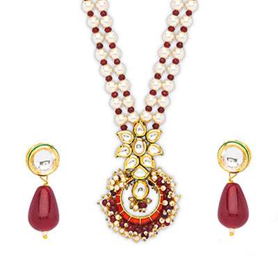 Ruby And Pearls Long Necklace Set - HRNS88