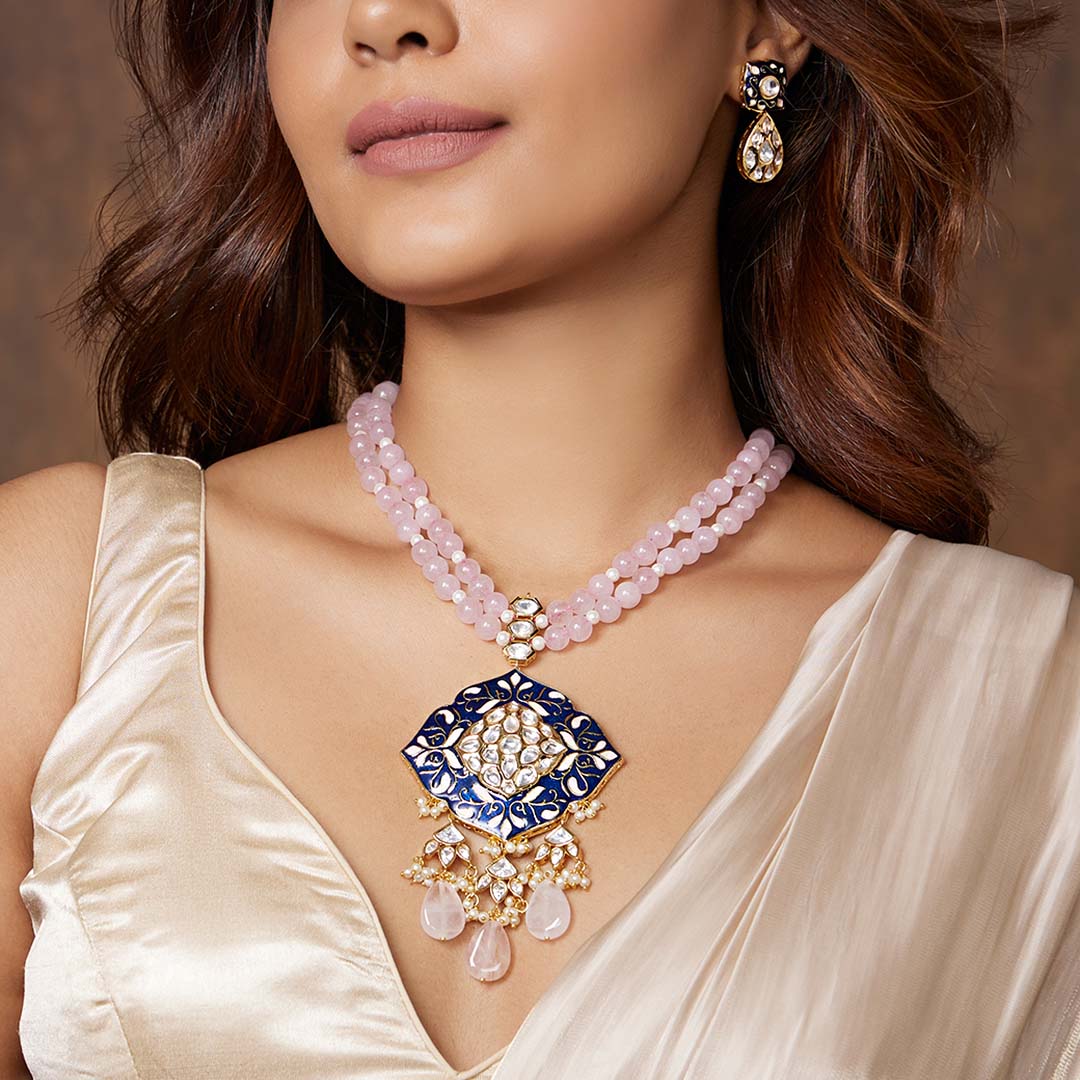 Pink Beaded Necklace Set With Royal Blue Enamalling - JAJBR23NS 58