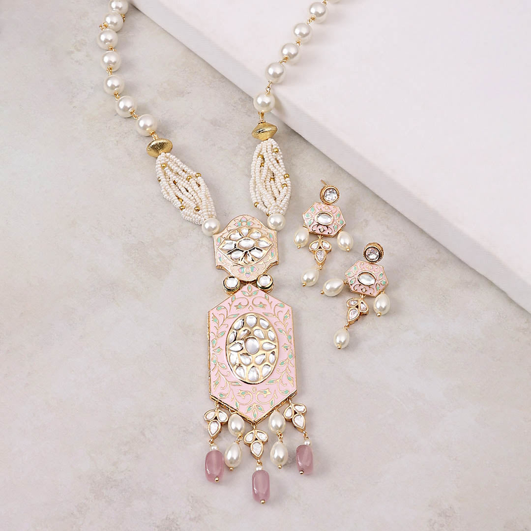 Pink Enamelled And White Pearl Necklace Set - JAJBR23NS 13