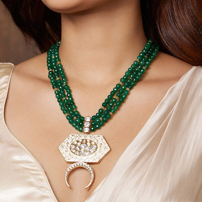 Green Necklace Set With Enamelled Kundan Polki - JAJBR23NS 57