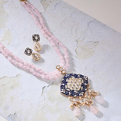 Pink Beaded Necklace Set With Royal Blue Enamalling - JAJBR23NS 58