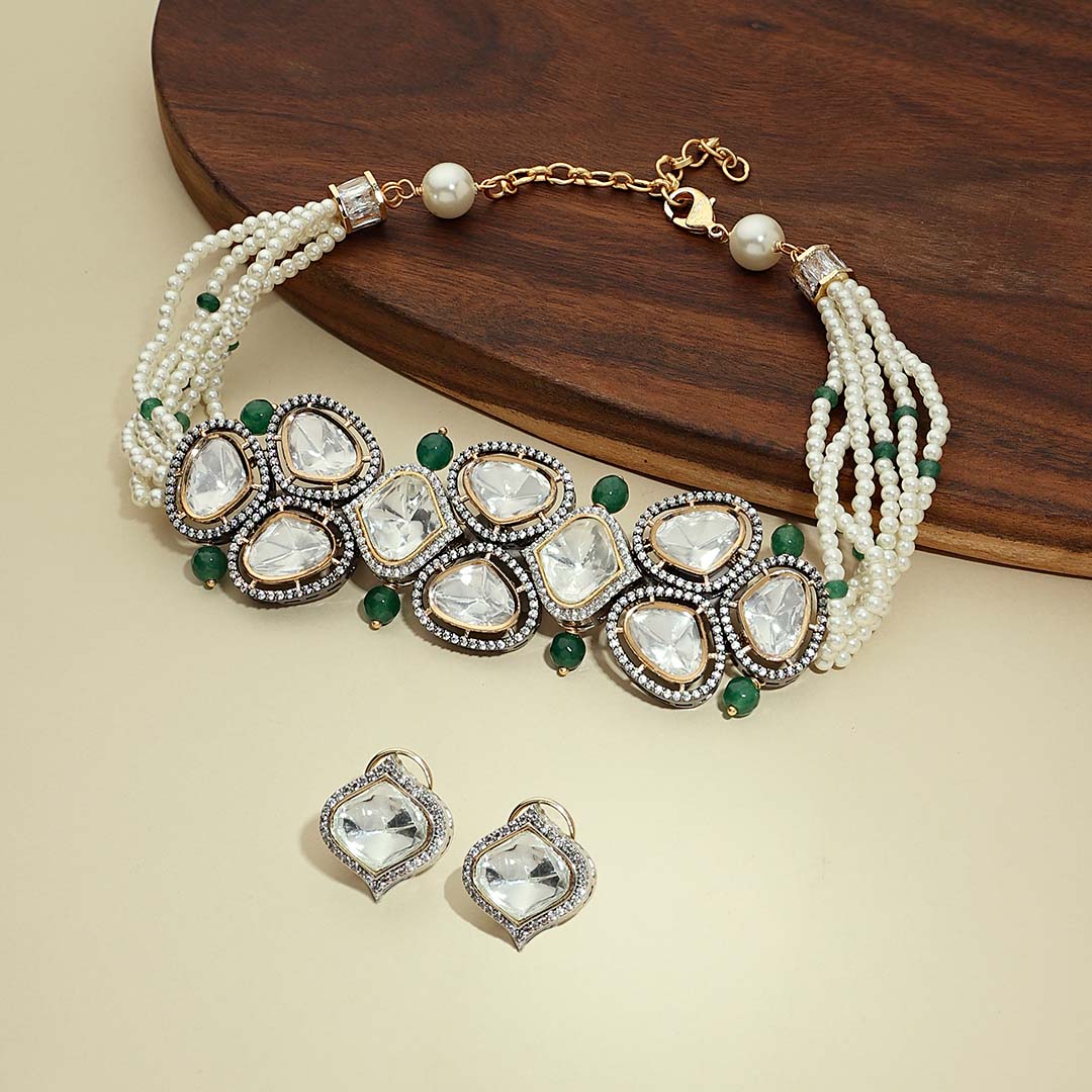 Green And White Antique Polki Necklace Set - JAJBR23NS 7