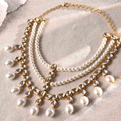 Classic Pearl Necklace With Polki - JUJBR23N35