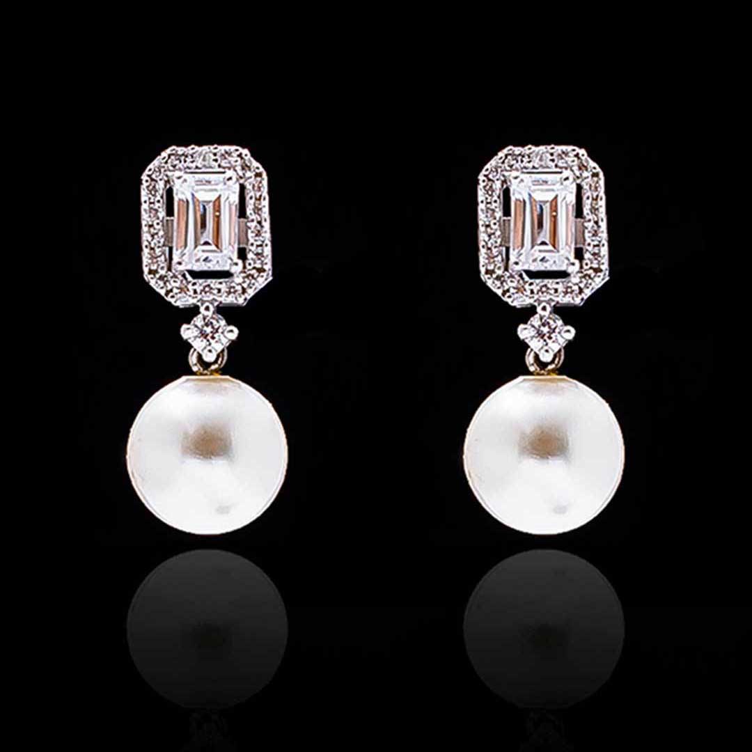 92.5 Silver Rectangle Diamond with Pearl drop Earrings By Treszuri L1445