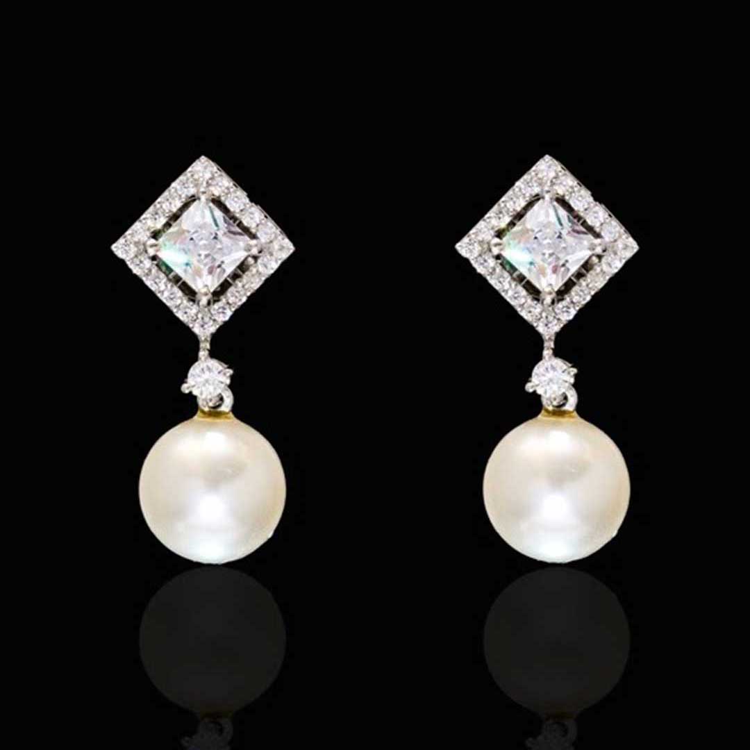 92.5 Silver Princess Diamond with Pearl drop Earrings By Treszuri L1447