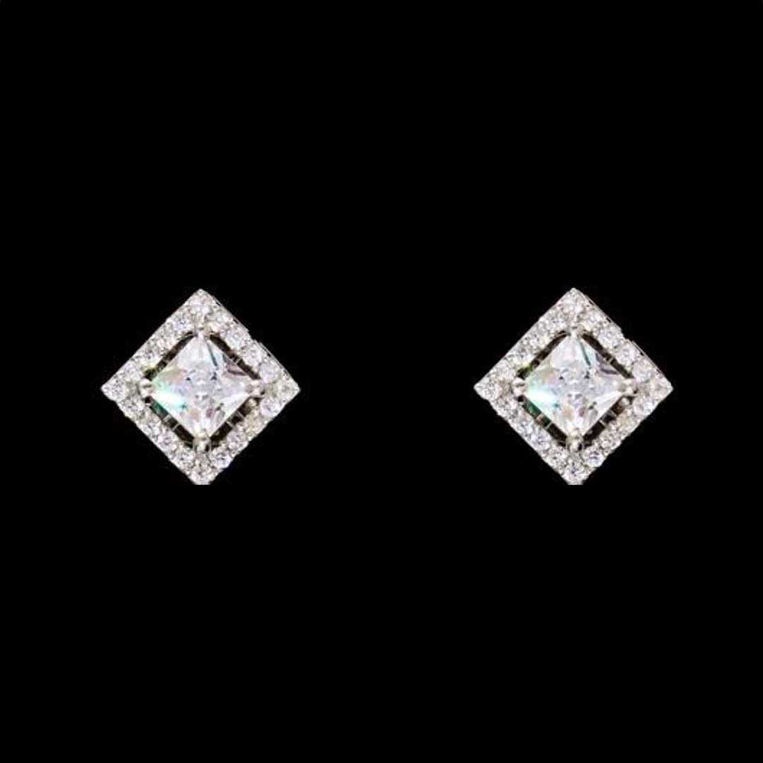 92.5 Silver Princess Solitaire with Halo Studs By Treszuri L1453