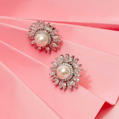 92.5 Silver Diamond And Pearl Bloom Stud Earrings By Treszuri L1466