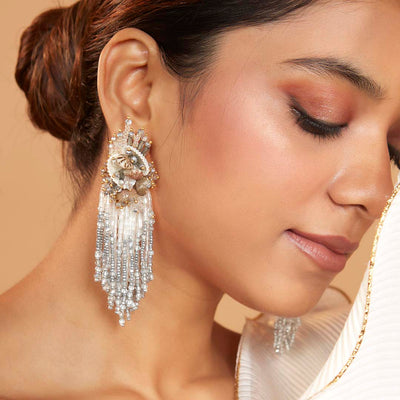 Boho Siilver And White Long Statement Earrings - LE-739-01 SILVER