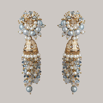 Gold Plated Greyish Blue Long Jhumka Earrings - LE-779-01 GREY